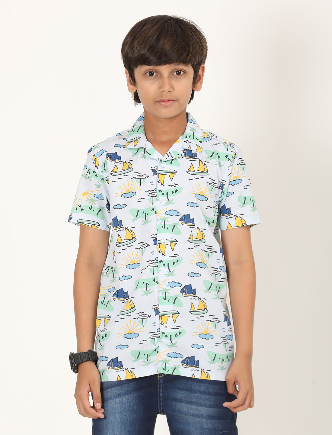 Zion Boys Cotton Half Sleeve Open Collar Shirt with Conversational Print - Light Blue