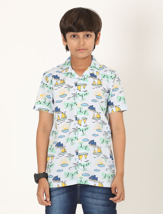 Zion Boys Cotton Half Sleeve Open Collar Shirt with Conversational Print - Light Blue