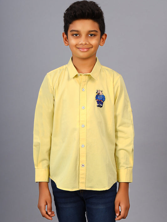 Zion Boys Shirt with Bear Embroidery & Epaulettes-Yellow