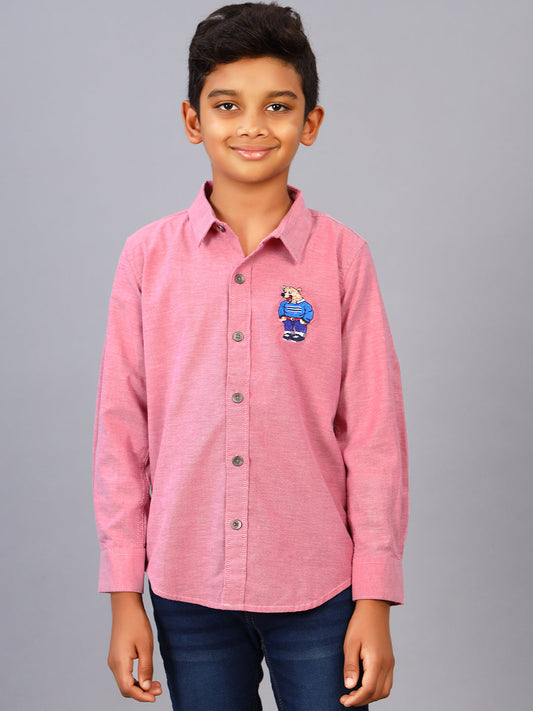 Zion Boys Shirt with Bear Embroidery & Epaulettes-Pink