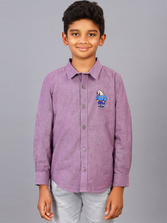 Zion Boys Shirt with Bear Embroidery & Epaulettes-Purple