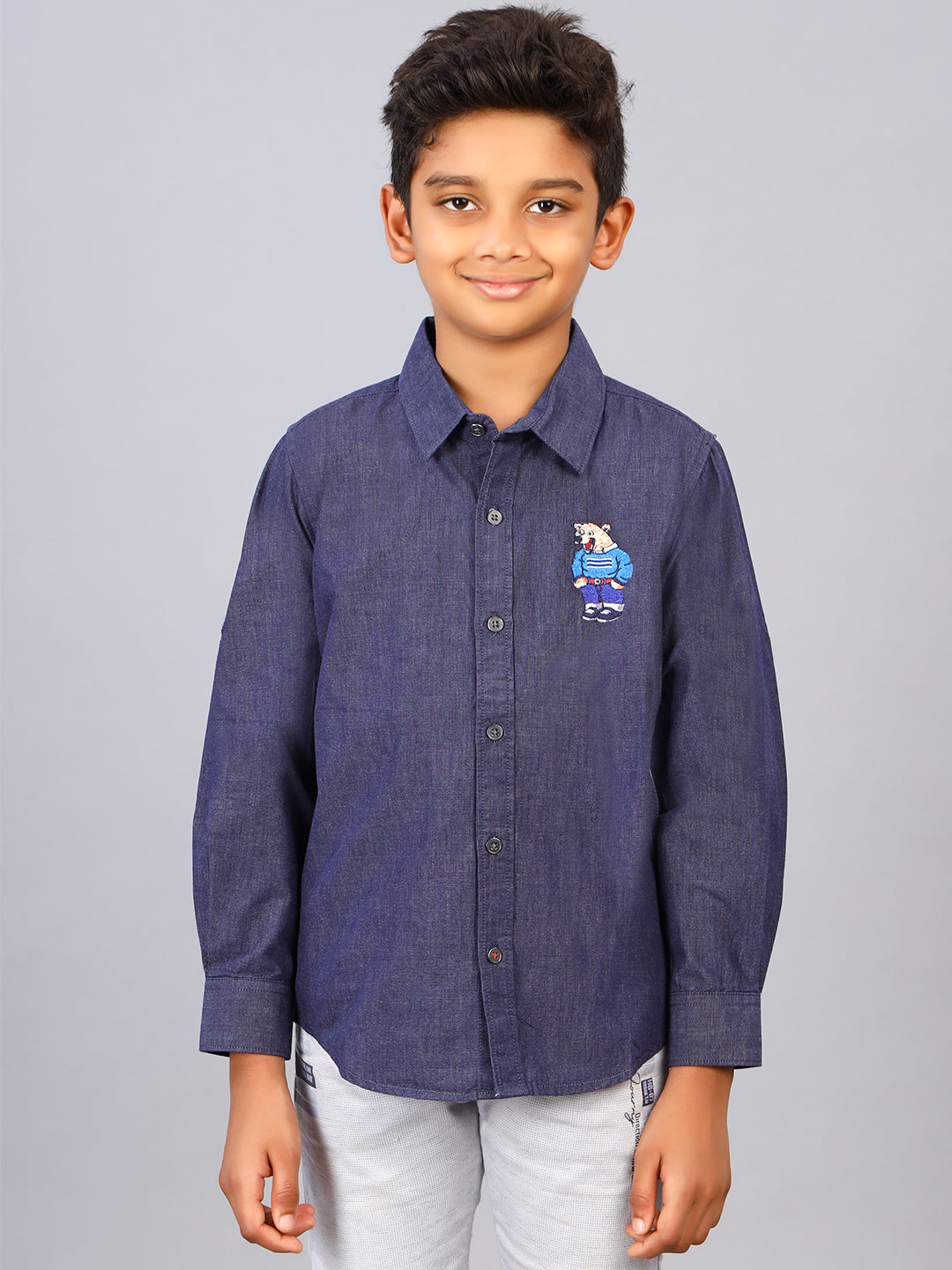 Zion Boys Shirt with Bear Embroidery & Epaulettes-Dark Blue