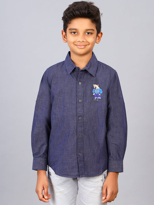 Zion Boys Shirt with Bear Embroidery & Epaulettes-Dark Blue