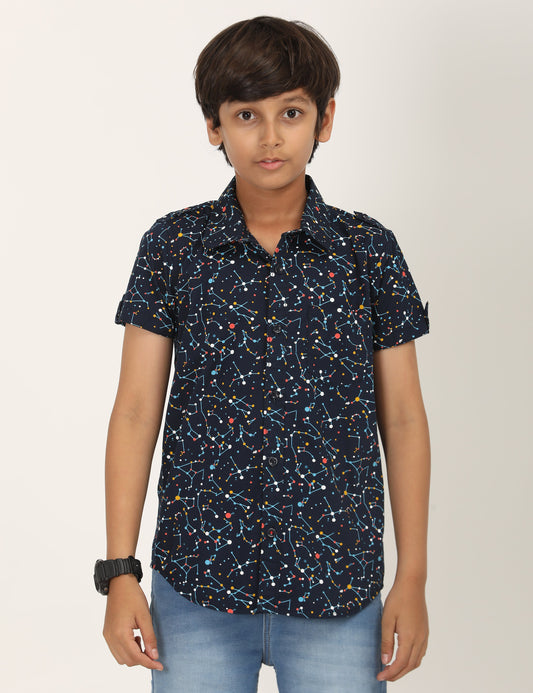 Zion Boys Cotton Half Sleeve Shirt with Dotted Print - Navy