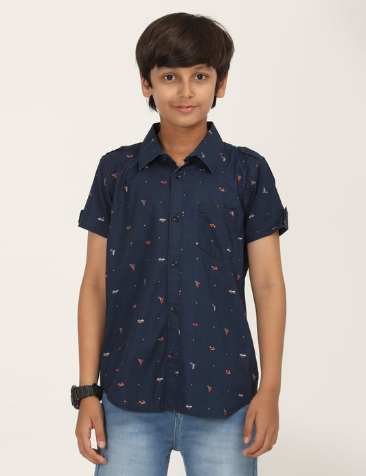 Zion Boys Cotton  Half Sleeve Shirt with Boat Print - Navy
