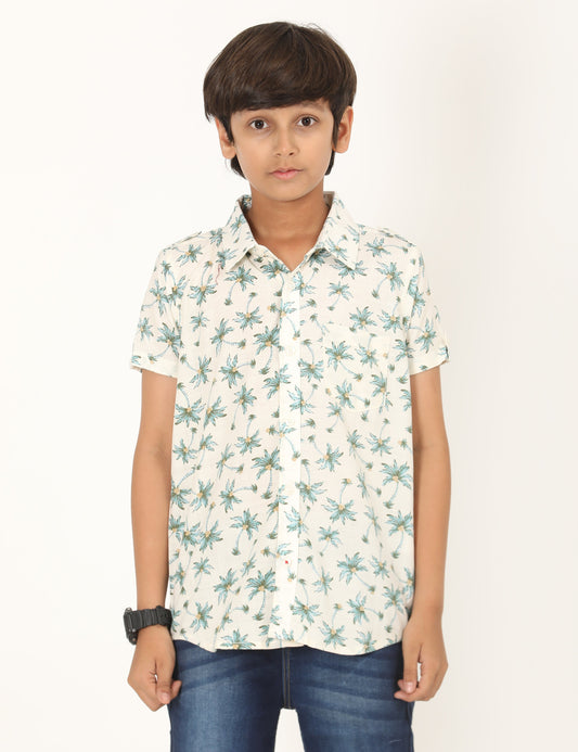Zion Boys Cotton  Half Sleeve Shirt with Plam Tree Printed - Off White