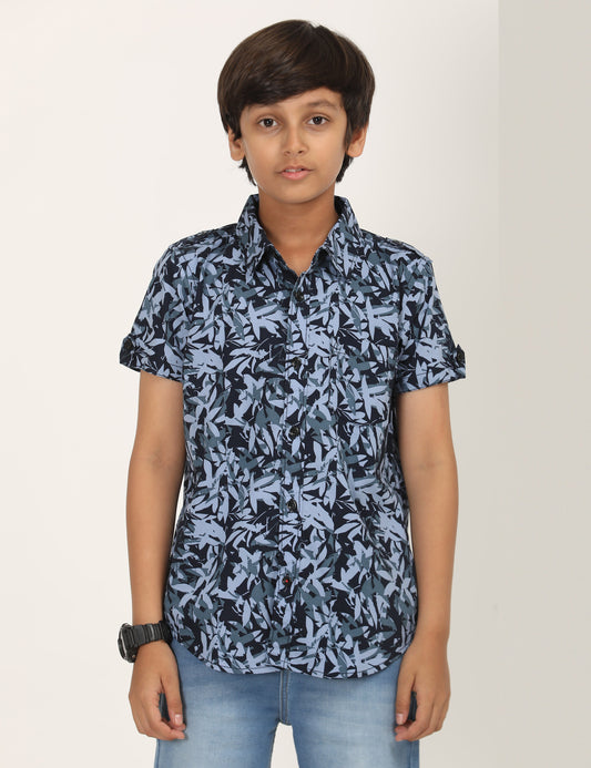 Zion Boys Cotton Half Sleeve Shirt with Nature Printed - Navy
