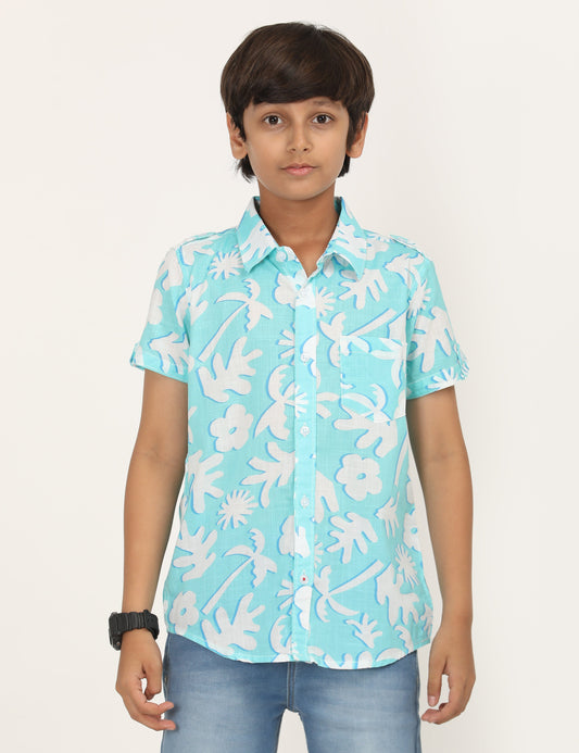 Zion Boys Cotton Half Sleeve Shirt with Abstract Floal Printed - Aqua