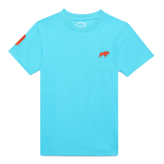 Zion Boys Crew Neck T shirt with Bull and Numeric embroidery-Turquoise