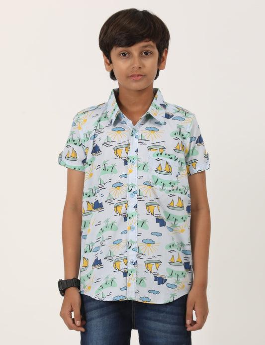 Zion Boys Cotton Half Sleeve Shirt with Conversational Print - Light Blue