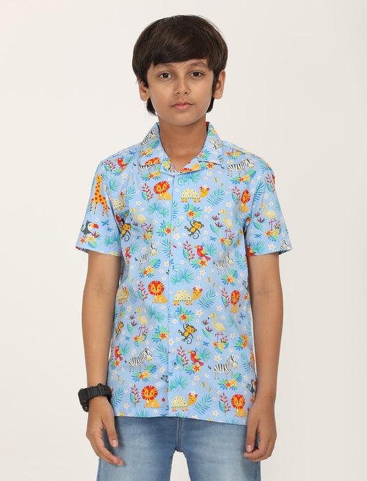 Zion Boys Cotton Half Sleeve Open Collar Shirt with Conversational Print - Aqua