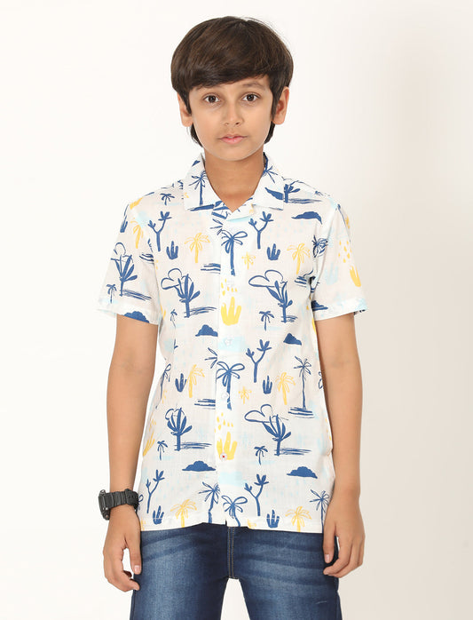Zion Boys Cotton Half Sleeve Open Collar Shirt with Abstract Print - White