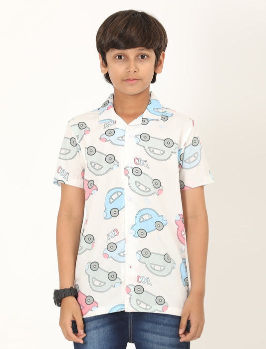 Zion Boys Cotton Half Sleeve Open Collar Shirt with Car Print  - Multi