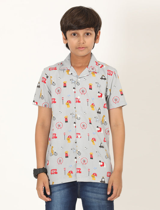 Zion Boys Cotton Half Sleeve Open Collar Shirt with Cartoon Printed - Multi