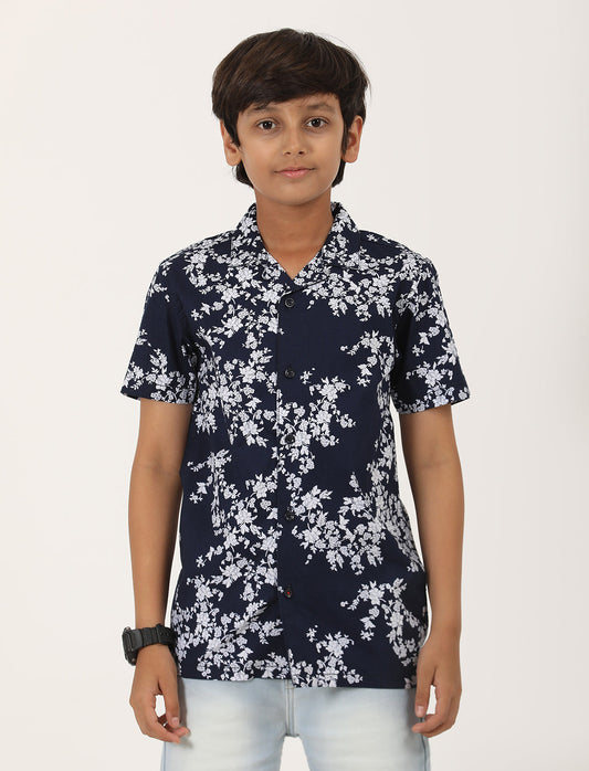Zion Boys Cotton Half Sleeve Open Collar Shirt with Floral Printed - Navy