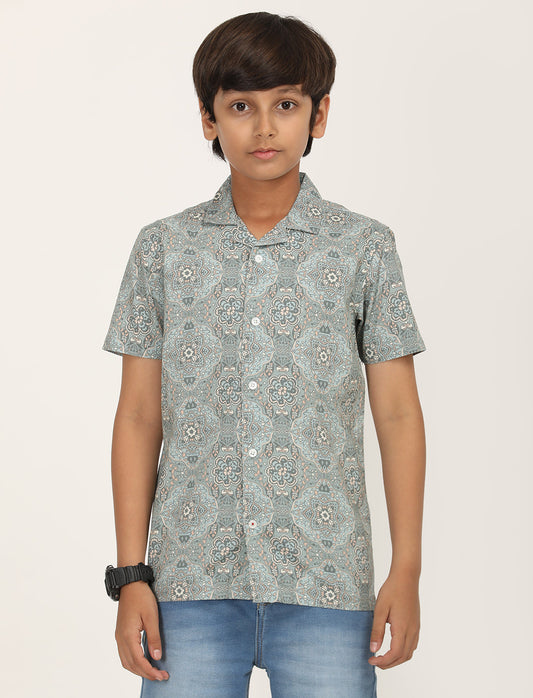 Zion Boys Cotton Half Sleeve Open Collar Shirt with Geometric floral Printed - Olive