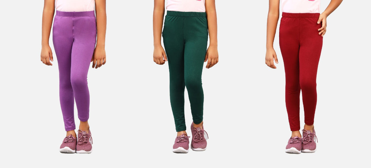 Zion girls 4 way Stretachable Cotton Lycra Ankle Length Leggings Pack of 3 - Multi color