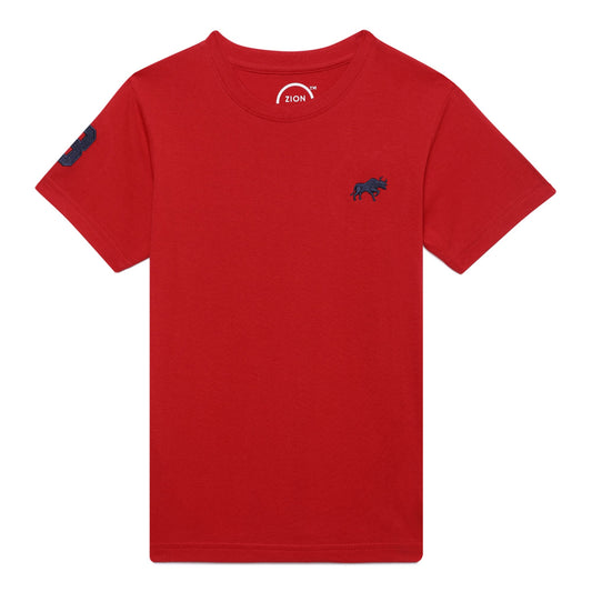 Zion Boys Crew Neck T shirt with Bull and Numeric embroidery-Red