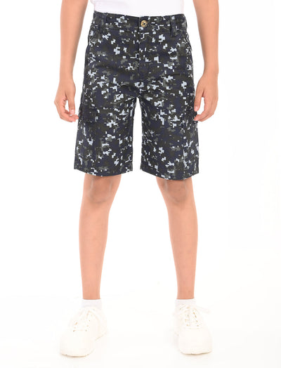 Zion Boys Cotton Abstract Camoflague Printed Cargo Shorts - Black