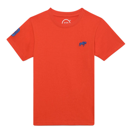 Zion Boys Crew Neck T shirt with Bull and Numeric embroidery-Orange
