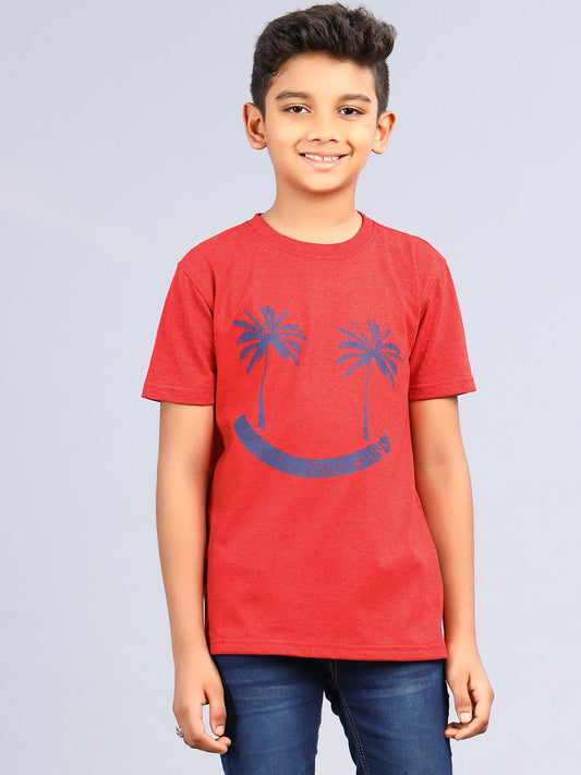 Zion Boys Crew Neck Tshirt in Smiley Palm Tree Print-Red