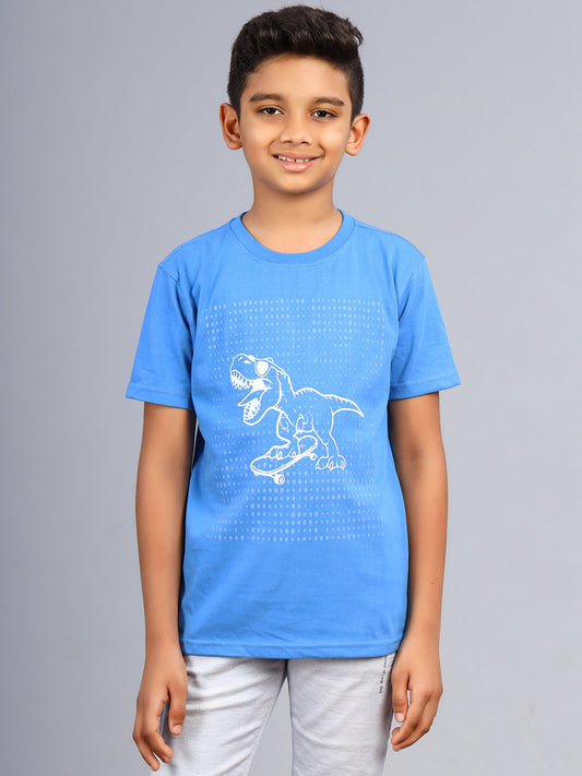 Zion Boys Crew Neck Tshirt in Dino Print-Blue