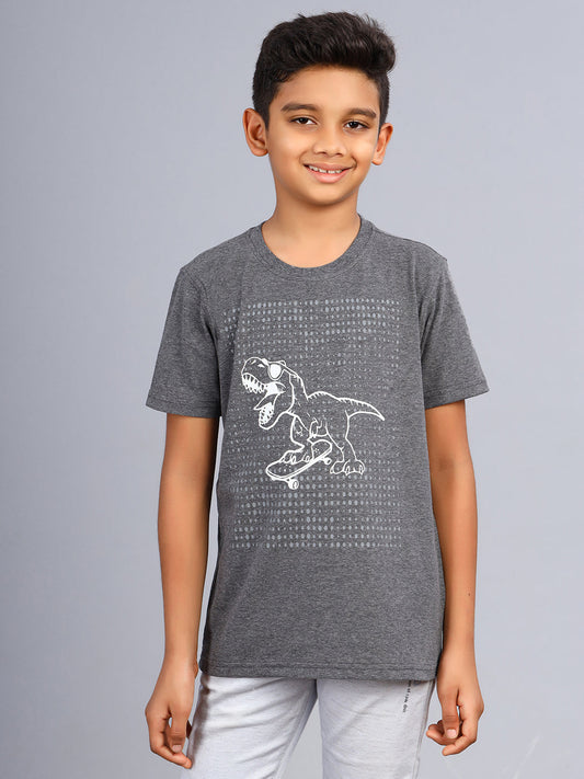 Zion Boys Crew Neck Tshirt in Dino Print-Grey