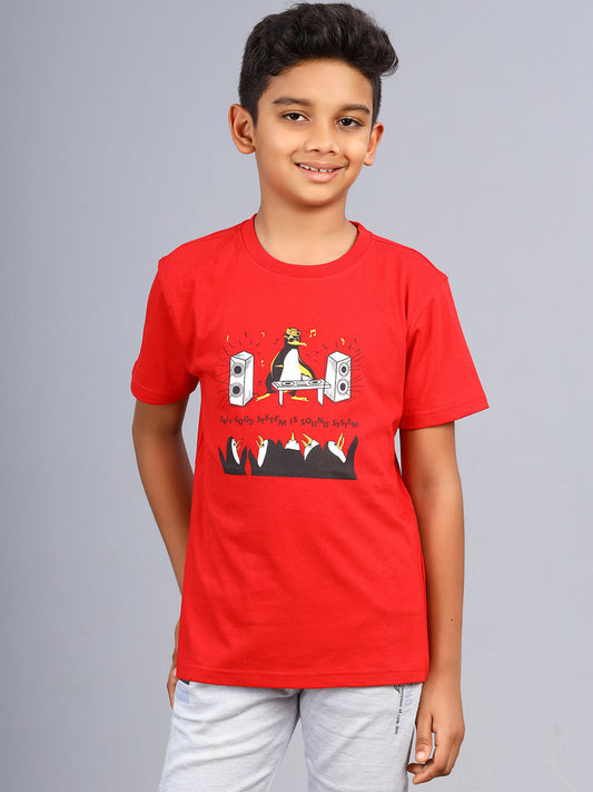 Zion Boys Crew Neck Tshirt in Penguin Music Print-Red