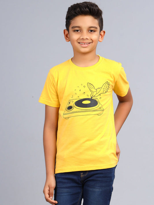 Zion Boys Crew Neck T shirt in Music System Print-Yellow