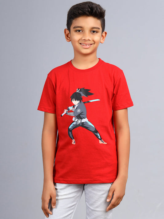 Zion Boys Graphic Printed Crew Neck T shirt-Red