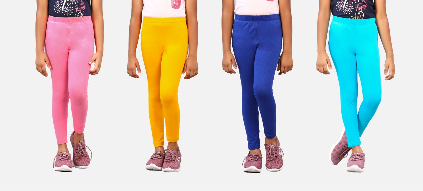 Zion girls 4 way Stretachable Cotton Lycra Ankle Length Leggings Pack of 4 - Multi color