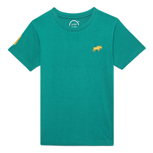 Zion Boys Crew Neck T shirt with Bull and Numeric embroidery-Green