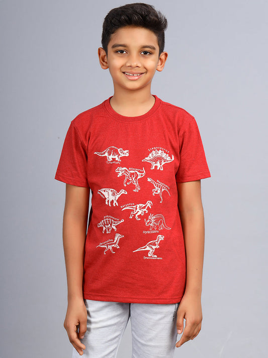 Zion Boys Crew Neck T shirt in Dino Print-Red