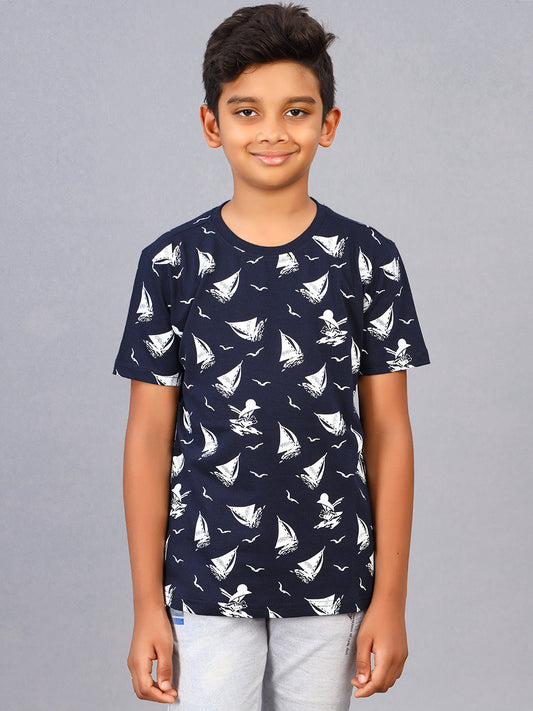 Zion Boys Crew Neck T shirt in Sailor Boat Print-Navy