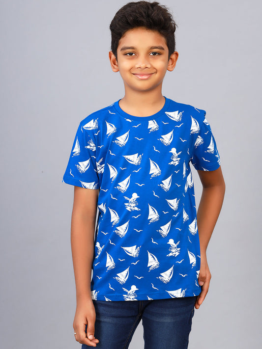 Zion Boys Crew Neck T shirt in Sailor Boat Print-Royal Blue