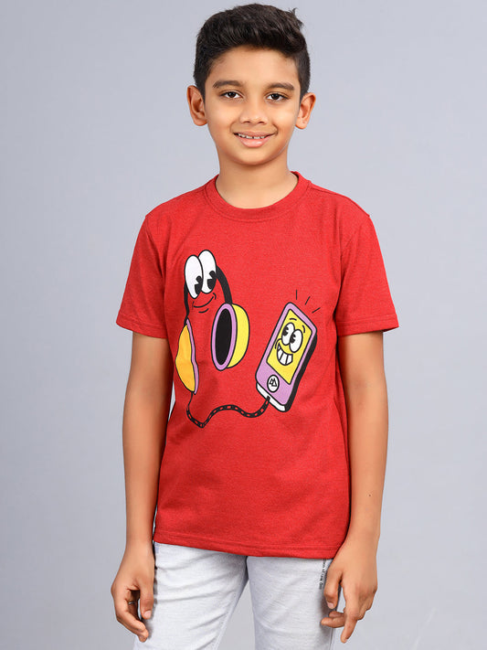 Zion Boys Graphic Printed Crew Neck T shirt-Red Melange
