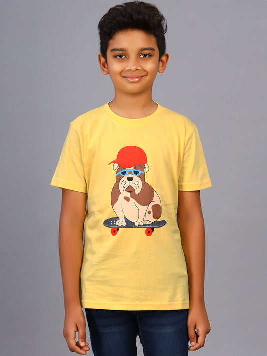 Zion Boys Crew Neck T shirt in Dog Print-Light Yellow