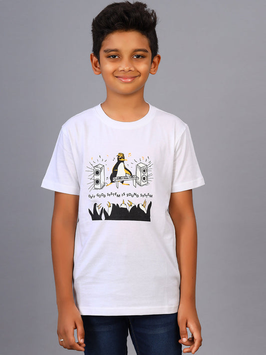 Zion Boys Crew Neck Tshirt in Penguin Music Print-White