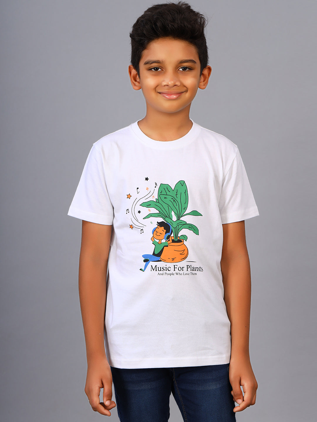 Zion Boys Crew Neck T shirt in Music System & Plant Print-White