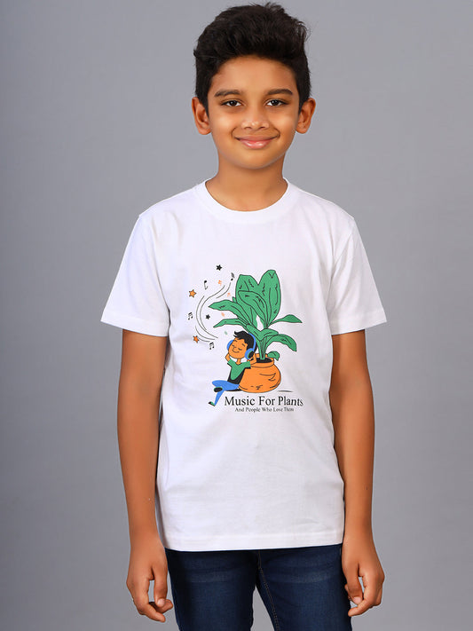 Zion Boys Crew Neck T shirt in Music System & Plant Print-White