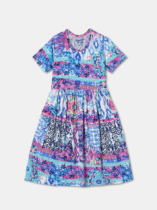 Zion Girls Printed Fit and Flare Jersey Dress.-Blue
