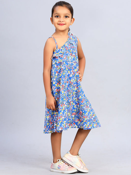 Zion Girls Printed Flared Dress with Half Shoulder & Ruffle highlights - Navy