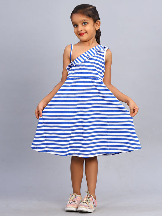 Zion Girls Printed Flared Dress with Half Shoulder & Ruffle highlights - Blue