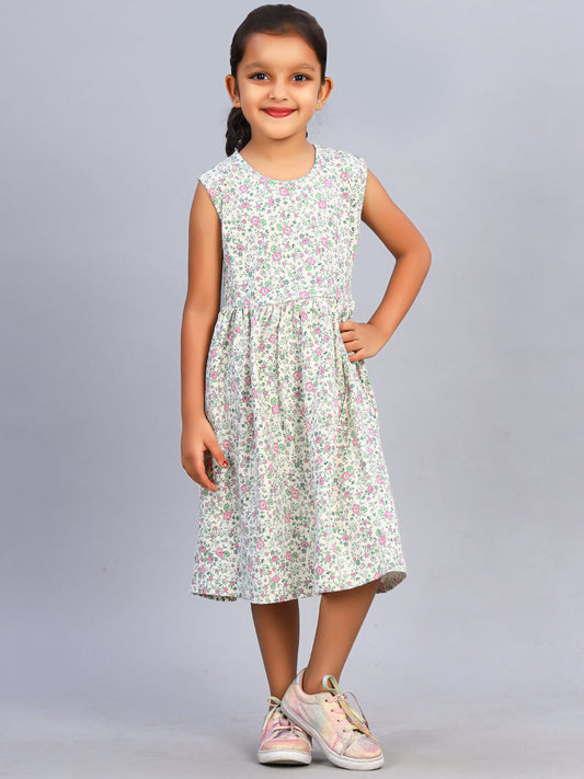 Zion Girls Floral Printed Fit and Flare Dress in Knit - Offwhite