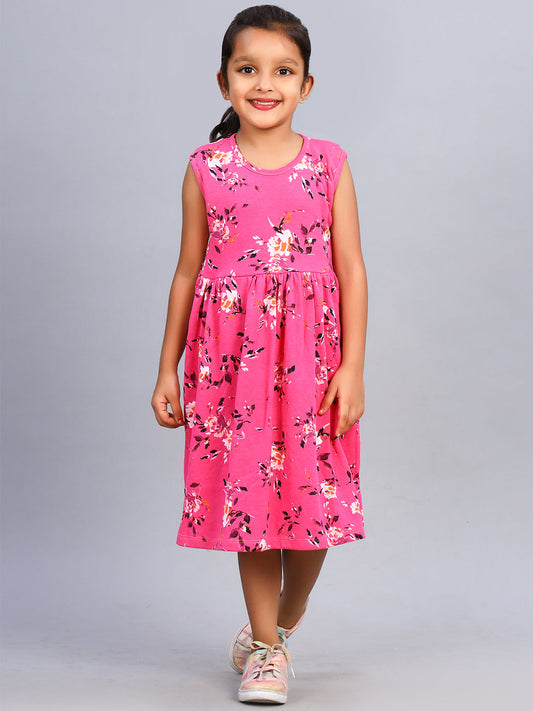 Zion Girls Floral Printed Fit and Flare Dress in Knit - Dark Pink