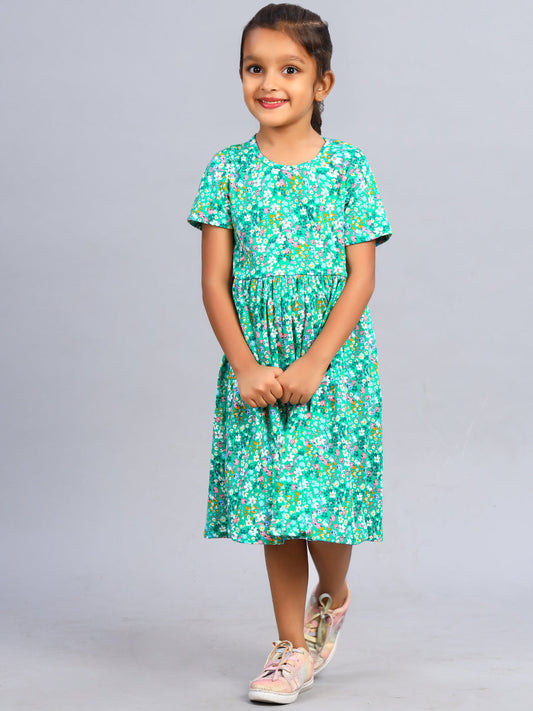Zion Girls Printed Fit and Flare Dress in Knit - Green