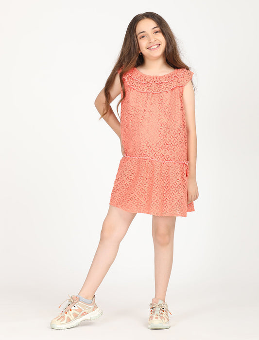 Zion Cotton Lace  Sleeveless A Line Dress  - Orange