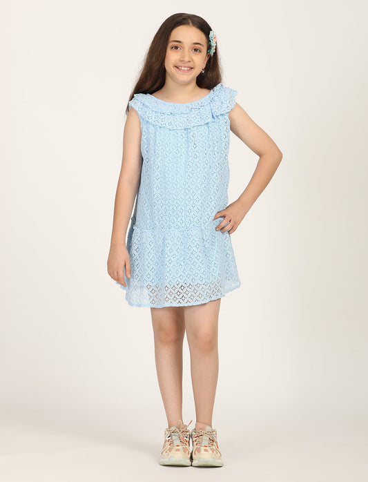 Zion Cotton Lace  Sleeveless A Line Dress  - Light Blue
