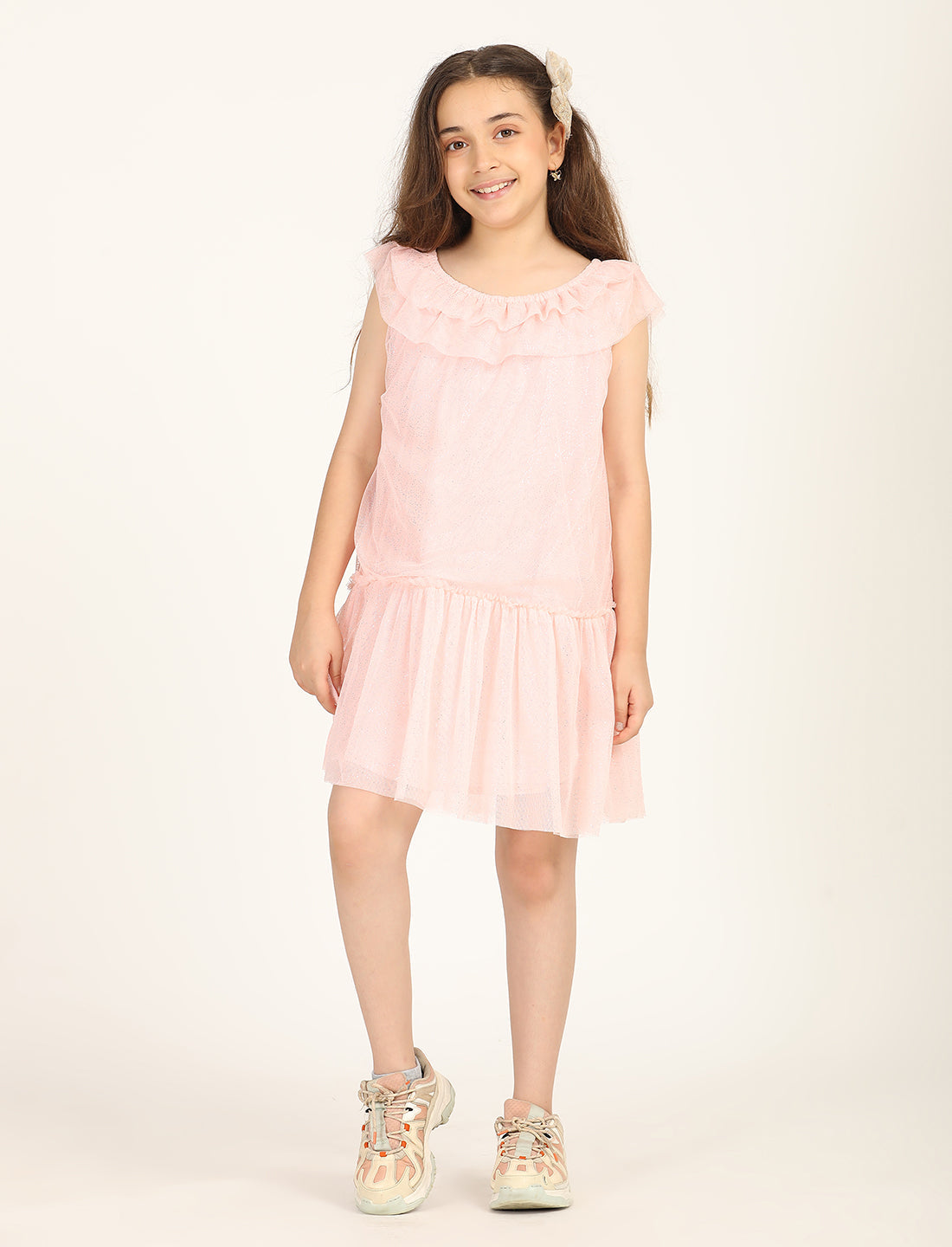 Zion Shimmered Mesh  Sleeveless A Line Dress  - Peach