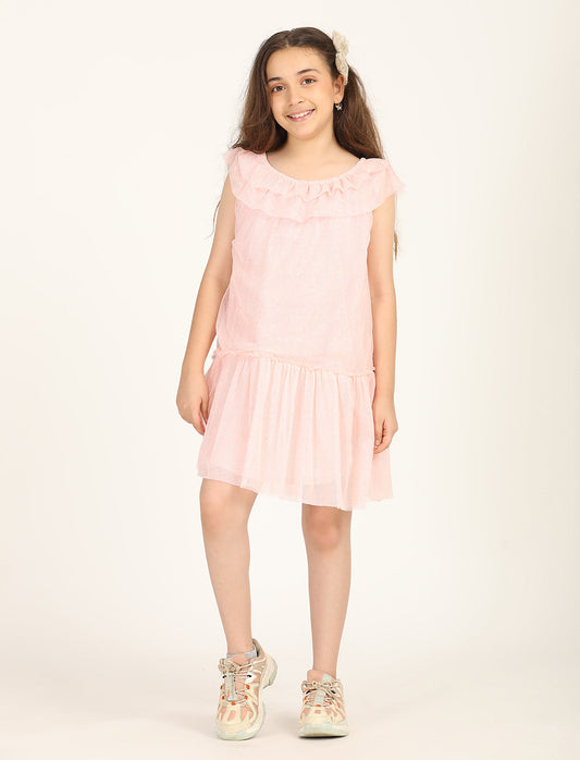 Zion Shimmered Mesh  Sleeveless A Line Dress  - Peach
